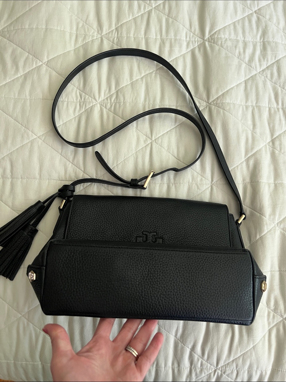Tory Burch Thea Flap Crossbody Bag in Black with tassel - Picture 6 of 16